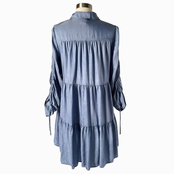 Cinq a Sept Tillie Blue Cupro Shirt Dress Tiered Long Sleeve Small - Picture 3 of 7